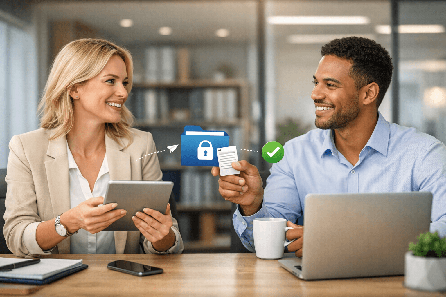 Deux professionnels échangeant des documents de manière sécurisée