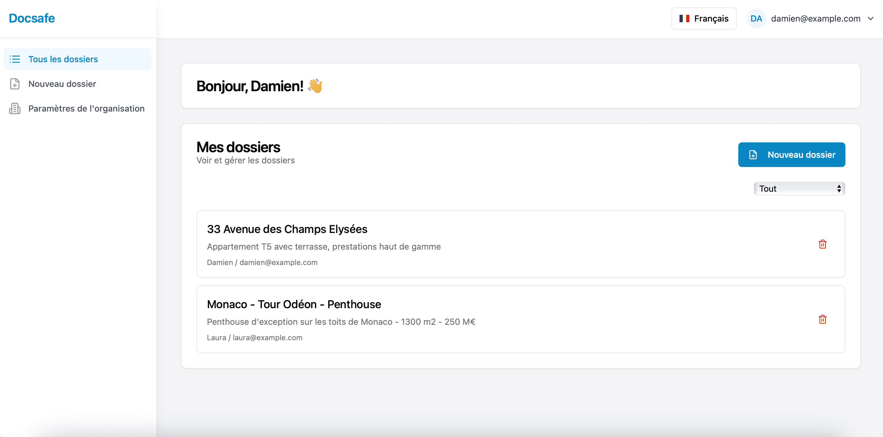 Interface de l'application Docsafe - Gestion des dossiers