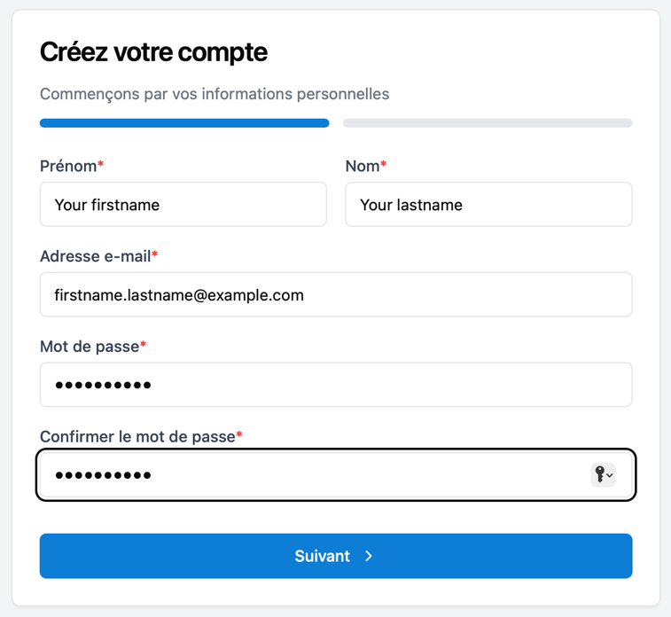 Formulaire de création de compte Docsafe — prénom, nom, e-mail, mot de passe