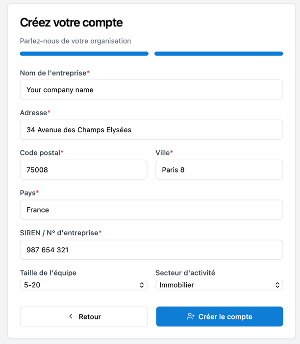 Formulaire de création d'organisation Docsafe — nom, secteur d'activité