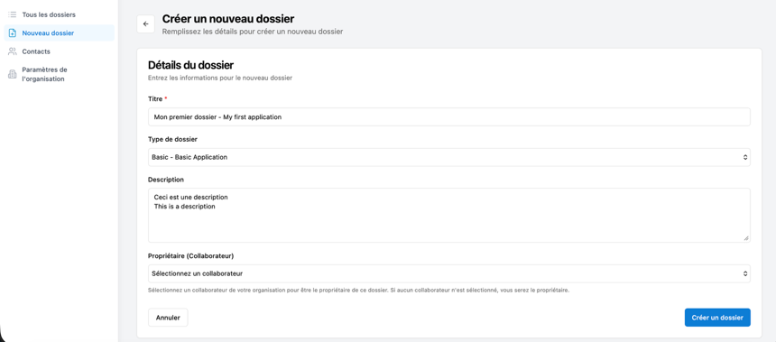 Formulaire de création d'un nouveau dossier sur Docsafe