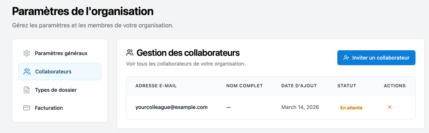 Liste des collaborateurs de l'organisation sur Docsafe