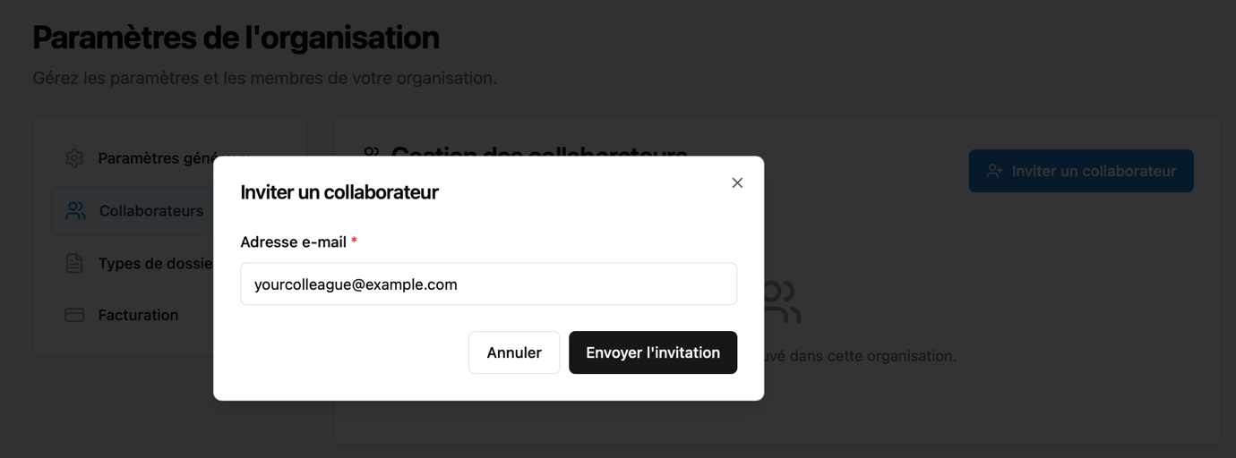 Modale d'invitation d'un collaborateur sur Docsafe