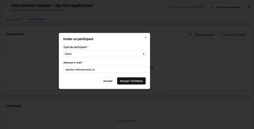 Détail du formulaire d'invitation participant sur Docsafe