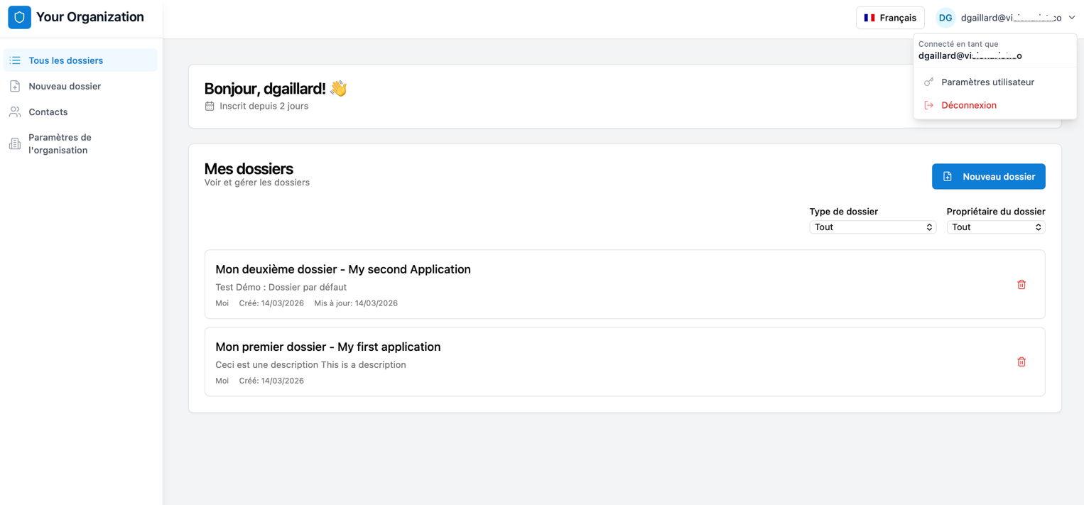 Vue d'ensemble de l'interface Docsafe — tableau de bord avec menu principal et liste des dossiers