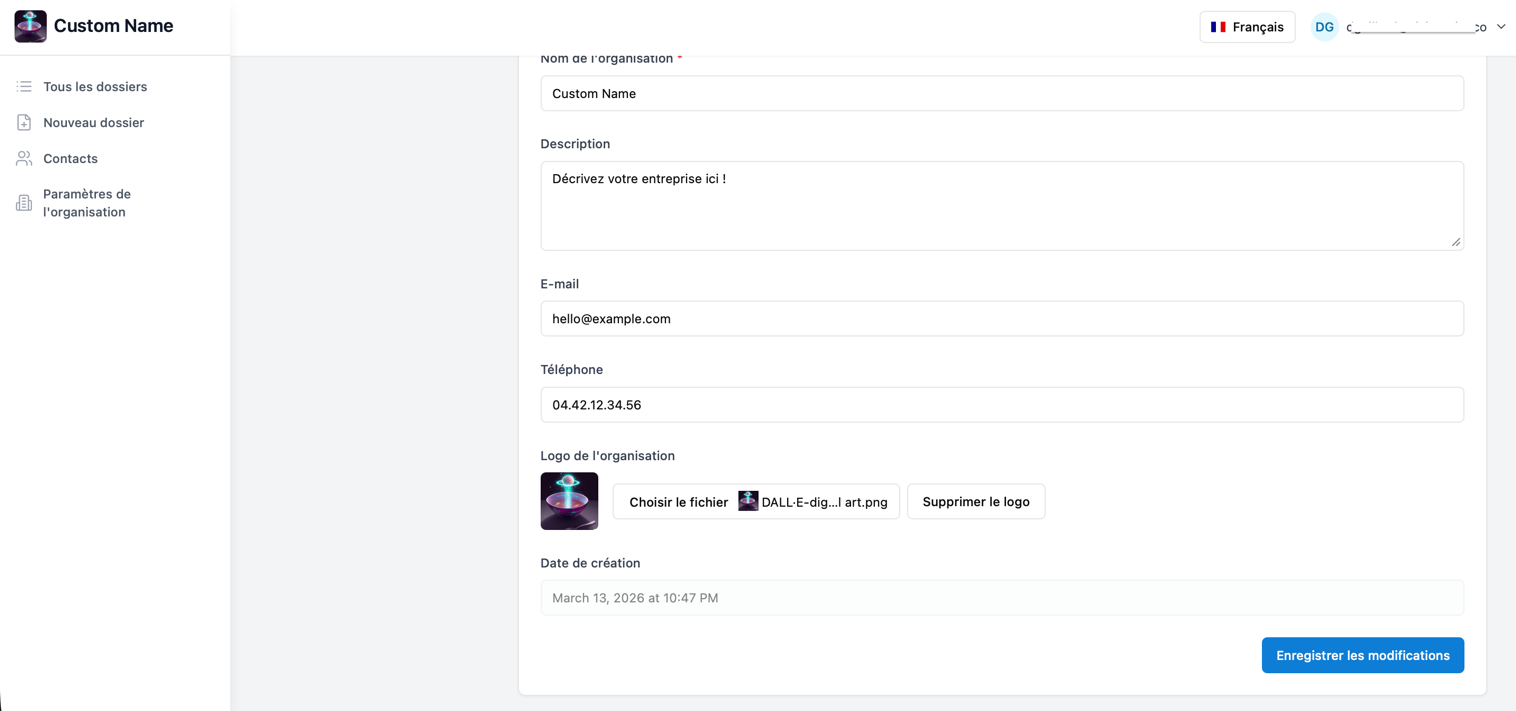 Paramètres généraux de l'organisation — nom, description, e-mail, téléphone, logo